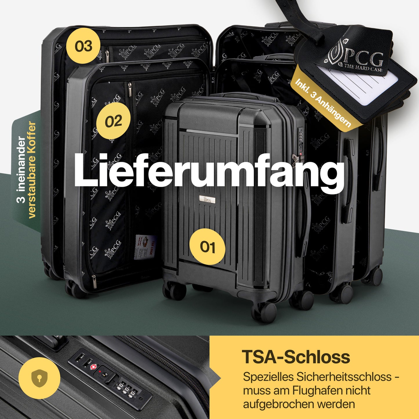 PCG THE HARD CASE premium Koffer 3er Set Schwarz